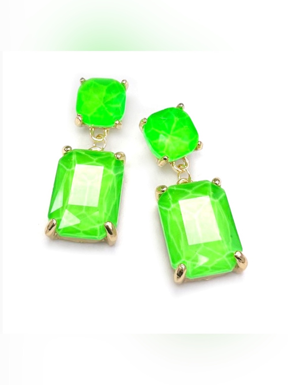 Neon Green Square shape 2 link cushion cut glass stud earrings.